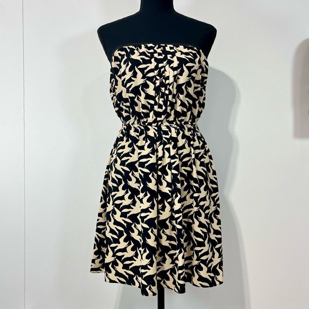 Rachel by Rachel Roy Strapless Bird Print Mini Dress Sz M Black and Tan